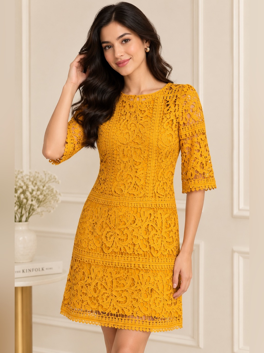 Little Mistress Mustard Yellow Lace Mini Dress Size US 4 / UK 8